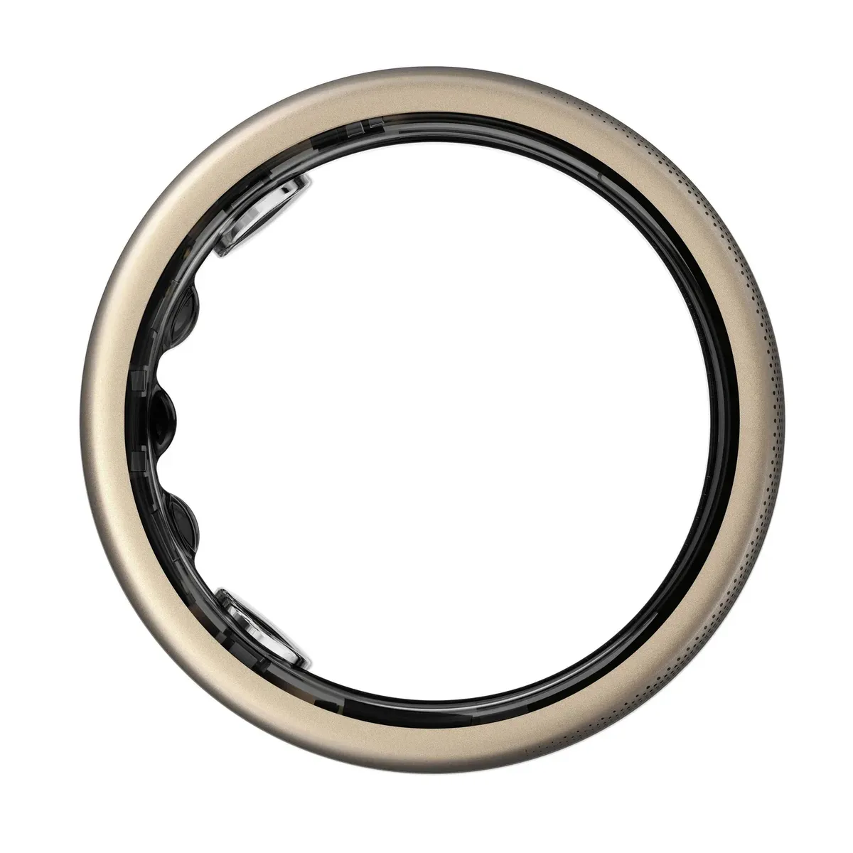 L'Amazfit Helio Ring de profil, anneau de titane doré et bague intérieure noire où se voient les capteurs