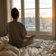 Camille, de dos, assise en tailleur sur son lit face à la fenêtre au lever du jour, les toits de la ville devant elle et son téléphone posé sur la couette