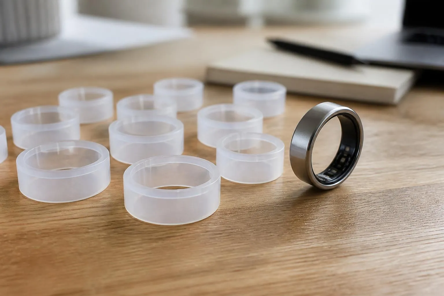 Anneaux d'essai en plastique numérotés posés à côté d'une bague connectée en titane