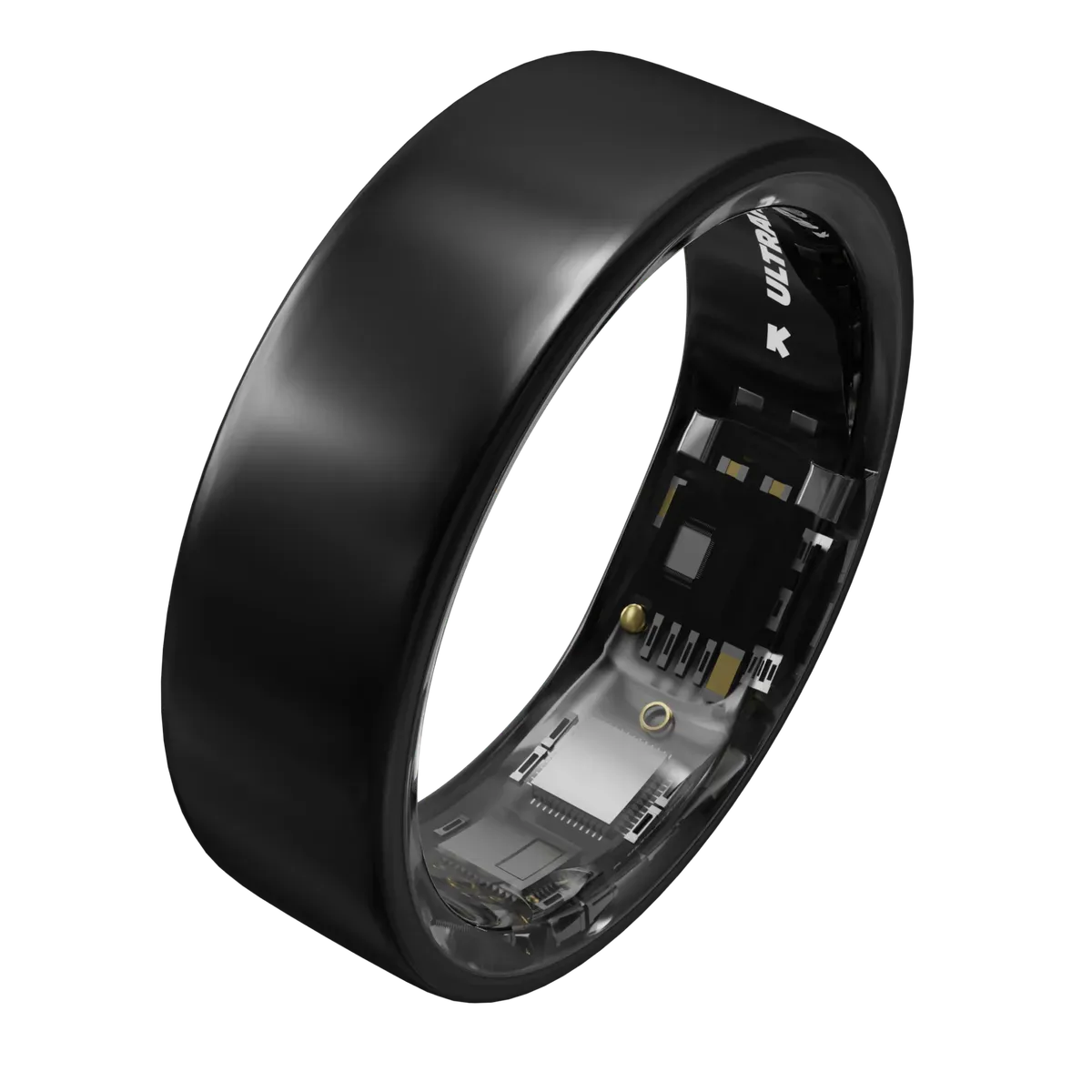 Bague connectée Ultrahuman Ring Air noire vue de trois quarts, capteurs et circuits visibles à l'intérieur de l'anneau
